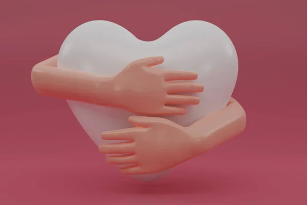 Renderhände Umarmen Ein Weißes Herz Mit Liebe Hand Umarmt Weißes — Stockfoto