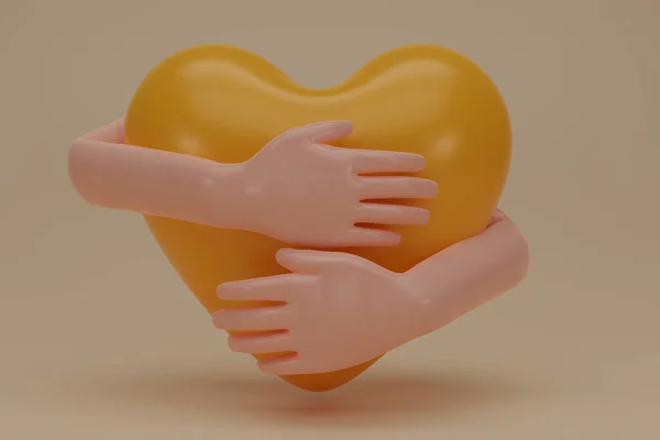3D render hands hugging a yellow heart with love. Hand embracing white heart isolated on yellow background. Love yourself. used for posters, postcards, t-shirt prints, and other designs.