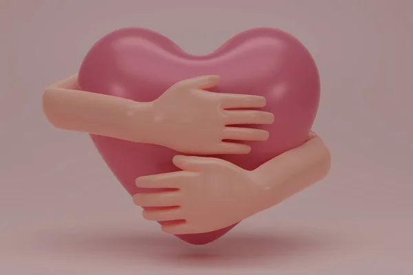 3D渲染双手以爱心拥抱粉红的心 手抱着被粉色背景隔离的白心 爱你自己用于海报 明信片 T恤衫及其他设计 — 图库照片