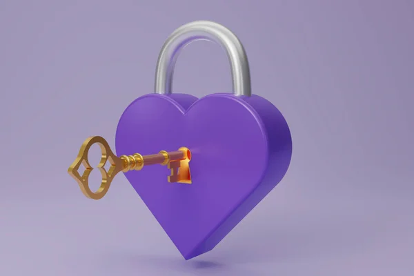 3D render purple metal heart-shaped Padlock icon with gold key isolated on purple background. Minimal magenta lock with a golden key. 3d rendering illustration.