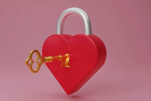 3D render red metal heart-shaped Padlock icon with gold key isolated on pink background. Minimal red lock with a golden key. 3d rendering illustration.