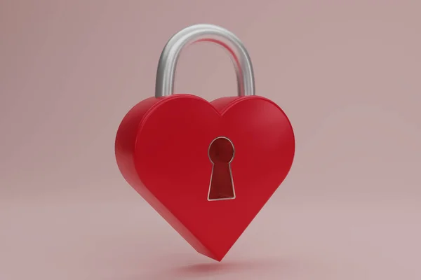 3D render red metal heart-shaped Padlock icon isolated on pink background. Minimal red lock side view. 3d rendering illustration.