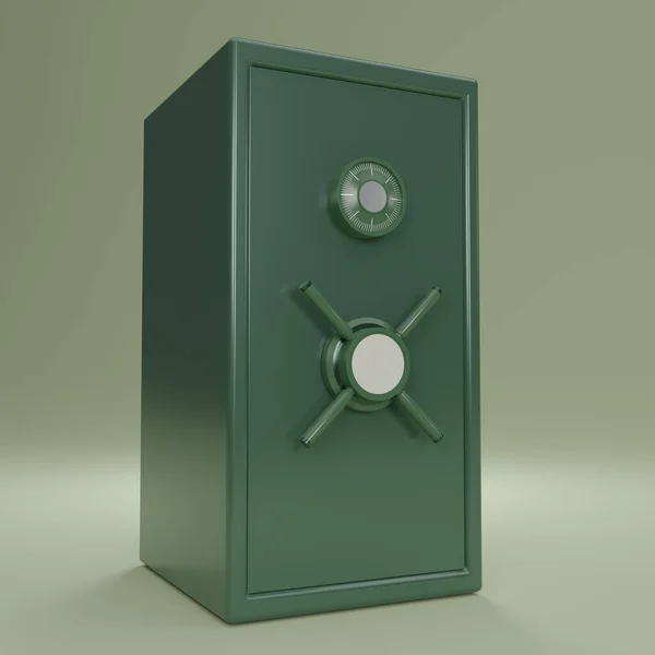 Green Safe box font view on a light green background. Closed metallic safe box. Realistic green safe. 3d render illustration.