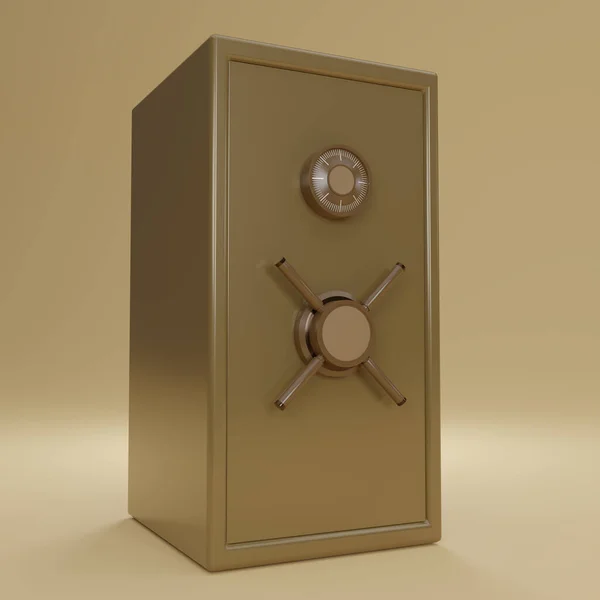 Brown Safe box font view on beige background. Closed metallic safe box. Realistic brown metal safe. 3d render illustration.
