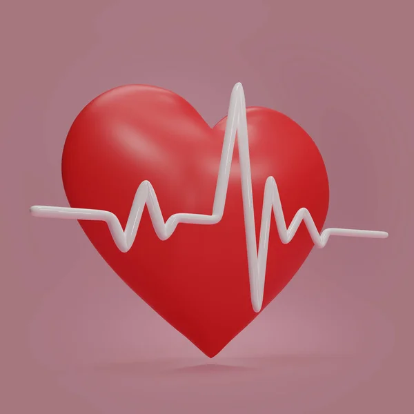 Red heart with white pulse line on pink background. Heart pulse. Heartbeat lone, cardiogram. Healthy lifestyle, cardiac assistance, pulse beat measure, medical healthcare concept. 3d rendering.