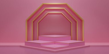 Pembe arka planda altın rengi desenli 3 boyutlu pembe küp podyum. Ürünleri göstermek için boş ya da temiz oda. Metinler için fotokopi alanı olan minimalist bir podyum. 3B görüntüleme.