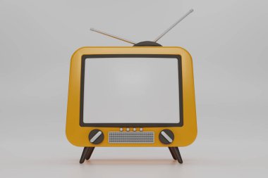 Beyaz arkaplanda 3 boyutlu sarı renkli Vintage Televizyon karikatürü izole edildi. Minimum Retro TV. Kopya alanı olan sarı analog televizyon. Antenli eski bir televizyon. 3d resimleme.