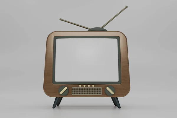 3Dレンダリング茶色の木製のヴィンテージテレビ漫画スタイルは白い背景に隔離されます 最小限のレトロテレビ ヴィンテージウッドアナログテレビ アンテナ付きの古いテレビセット 3Dレンダリング図 — ストック写真