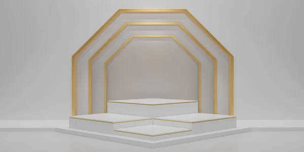 三维渲染白色立方体平台与金线纹理在白色背景 用于展示产品的空白显示屏或净化室 在讲台上做最低限度的模仿 并留有文字的复制空间 3D渲染 — 图库照片