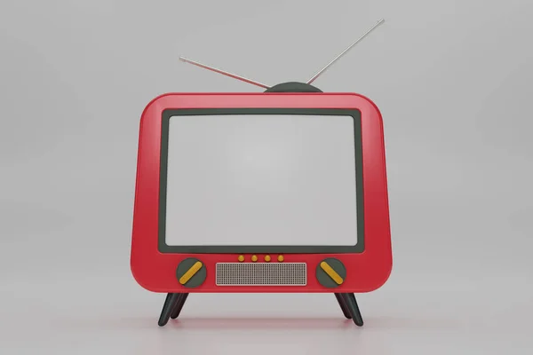 3D render red Vintage Television Cartoon style isolate on white background. Minimal Retro TV. Vintage red analog TV.  Old TV set with an antenna. 3d rendering illustration.