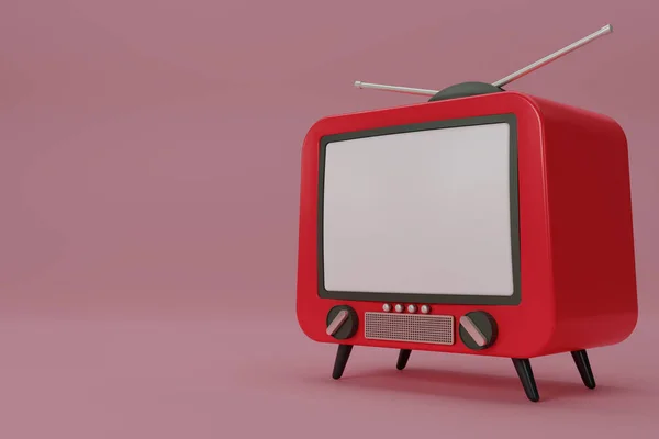 3D render red Vintage Television Cartoon style isolate on pink background with copy space. Minimal Retro TV. Vintage red analog TV.  Old TV set with an antenna. 3d rendering illustration.