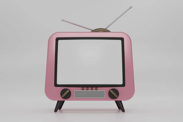 3D render Pink Vintage Television Cartoon style isolate on white background. Minimal Retro TV. Pastel analog TV with copy space.  Old TV set with antenna. 3d rendering illustration.