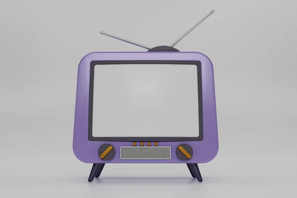 3D render purple Vintage Television Cartoon style isolate on white background. Minimal Retro TV. Purple analog TV with copy space.  Old TV set with antenna. 3d rendering illustration.