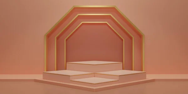 Render Oranje Kubus Podium Met Gouden Lijn Textuur Oranje Achtergrond — Stockfoto