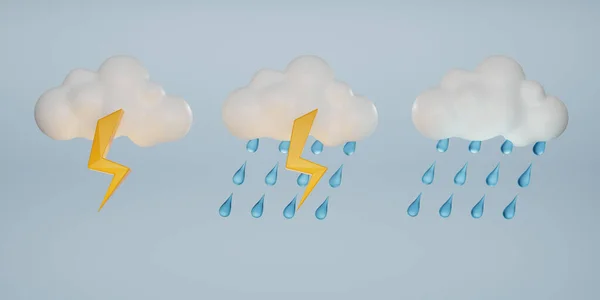 3D weather icons set. Set of Rain cloud, thunderbolt with lightning, and raindrops icon. Raindrops and thunder. Thunder cloud weather icon. 3d render illustration.