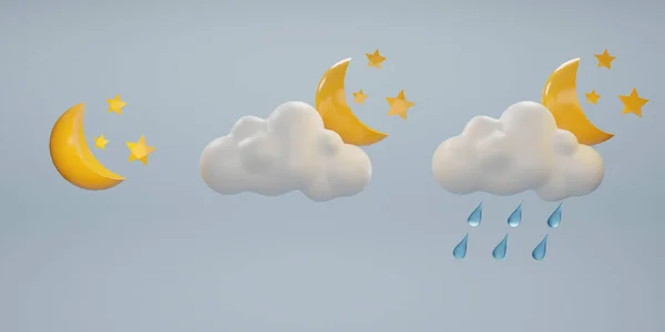 3D weather icons set. Set of Rain cloud, moon, and raindrops icon. Raindrops, Moon, and stars. Cloud weather icon. 3d render illustration.