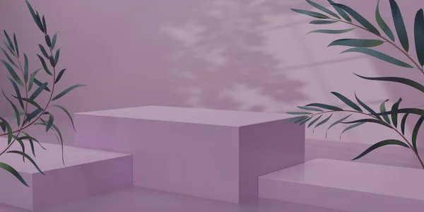 Render Purple Cube Podium Green Eucalyptus Leaves Purple Background Blank — Foto Stock