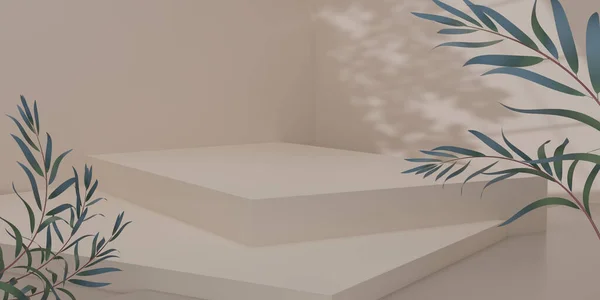 Bej arka planda yeşil okaliptüs yapraklı üç boyutlu bej küp podyumu. Ürünleri göstermek için boş ya da temiz oda. Podyum için minimalist bir model. 3B resimleme.