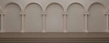 Üst üste antik mermer sütunların panorama görüntüsü. Klasik Roma Sütunları taşı, Sütunlar sütunları, klasik iç mimari ve sütunlu Antik Yunan mimarisi. Pankart. 3d oluşturma.