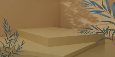Bej arka planda yeşil okaliptüs yapraklı üç boyutlu bej küp podyumu. Ürünleri göstermek için boş ya da temiz oda. Podyum için minimalist bir model. 3B resimleme.