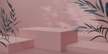 Pembe arka planda yeşil okaliptüs yapraklı 3 boyutlu pembe küp podyum. Ürünleri göstermek için boş ya da temiz oda. Podyum için minimalist bir model. 3B resimleme.