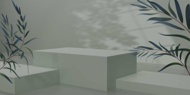 Yeşil arka planda yeşil okaliptüs yapraklı açık yeşil küp podyumu oluşturun. Ürünleri göstermek için boş ya da temiz oda. Podyum için minimalist bir model. 3B resimleme.
