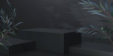 3D siyah küp podyumu koyu arkaplanda yeşil okaliptüs yapraklarıyla süsleyin. Ürünleri göstermek için boş ya da temiz oda. Podyum için minimalist bir model. 3B resimleme.