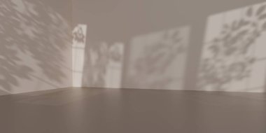 Stüdyo arkaplanlarında ışık ve gölge olan 3 boyutlu parlak bej renkte bir oda. Ürünleri göstermek için boş ya da temiz oda. Sahne gösterisi ya da vitrin için minimalist bir model. 3B görüntüleme.