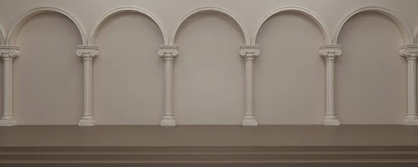 Üst üste antik mermer sütunların panorama görüntüsü. Klasik Roma Sütunları taşı, Sütunlar sütunları, klasik iç mimari ve sütunlu Antik Yunan mimarisi. Pankart. 3d oluşturma.