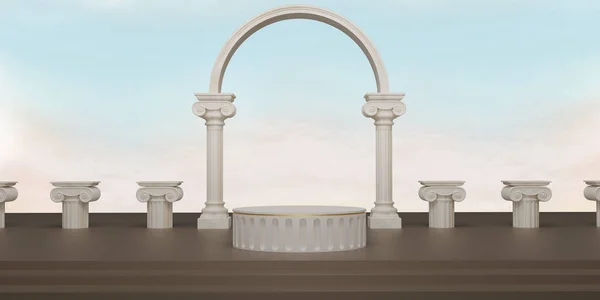 3D render Classic beige pillars pedestal on roman columns and blue sky backdrops. classical interior marble architecture for showing product. Ancient greek architecture with pillars. 3d rendering.