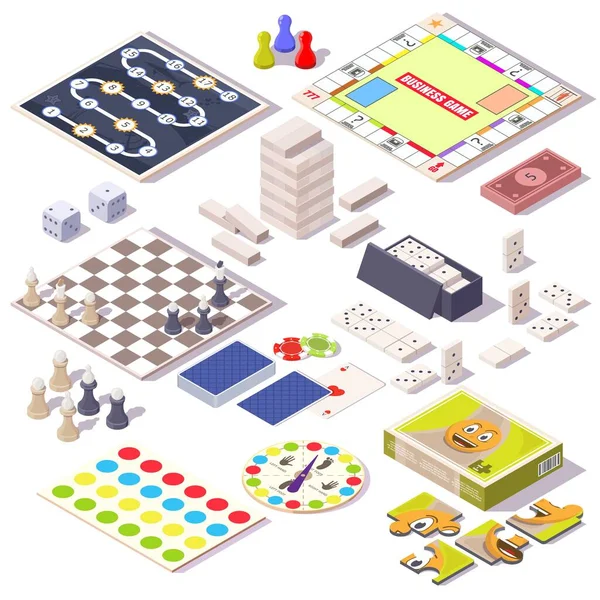 Jogo de tabuleiro definido. Monopólio, jenga, xadrez, dominó, quebra-cabeça, cartas de jogo, spinner, ilustração isométrica vetorial. — Vetor de Stock