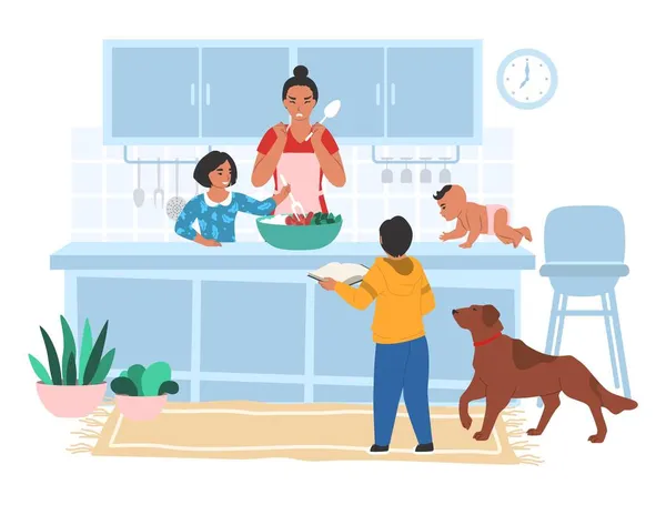 Estressado cansado mãe cozinhar na cozinha com seus filhos, ilustração vetorial plana. Estresse parental. —  Vetores de Stock