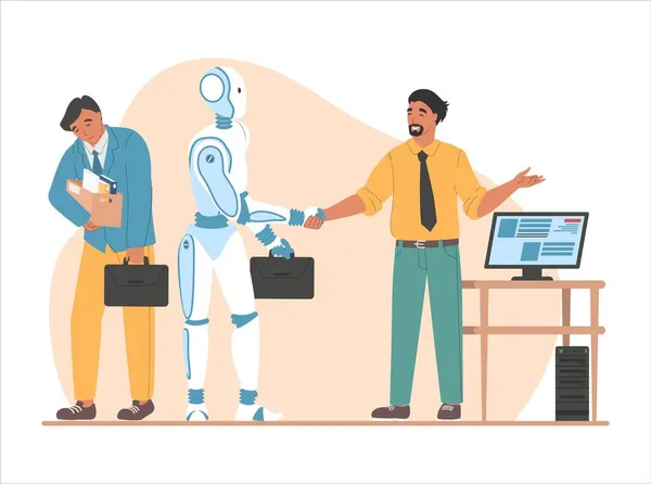 Impiegato licenziato, capo che stringe la mano al robot, illustrazione vettoriale piatta. Superiorità dell'intelligenza artificiale. Automazione. — Vettoriale Stock
