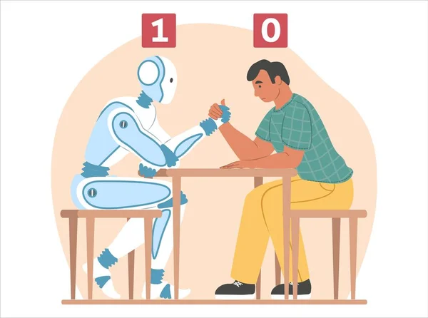 Inteligencia artificial vs ilustración de vectores planos humanos. Lucha de brazos entre robot y hombre de negocios. — Archivo Imágenes Vectoriales