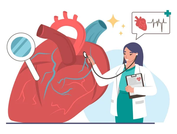 Médico cardiologista examinando coração humano com estetoscópio, ilustração vetorial. Cardiologia, medicina e saúde cardíaca. — Vetor de Stock