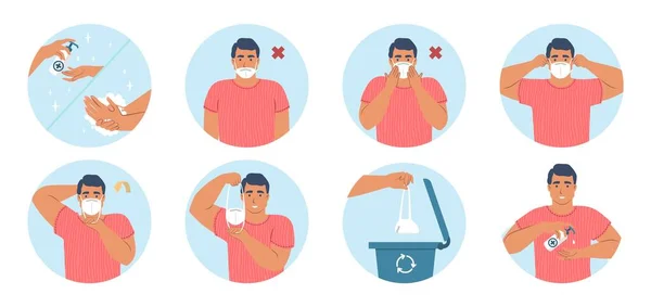 Hoe te dragen en te verwijderen gezicht medische masker tips, vector infographic. Gezondheidsmaatregelen in verband met de pandemie met het coronavirus. — Stockvector