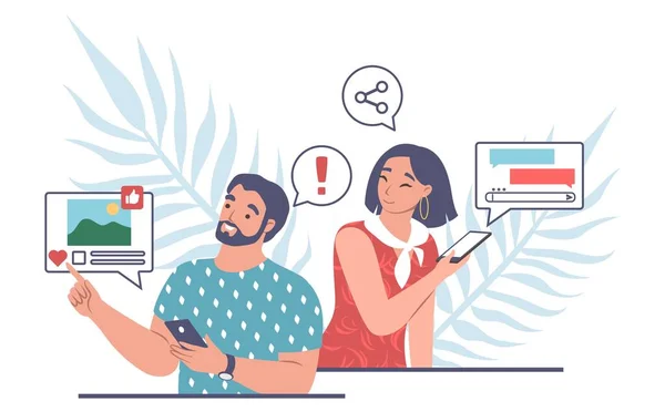 Casal feliz com telefones celulares e SMS, bolhas de chat, ilustração vetorial plana. Comunicação online. — Vetor de Stock