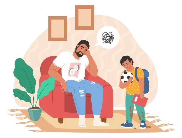 Cansado pai sentado em poltrona, enquanto o filho ficar com bola e livro em mãos, ilustração vetorial plana. Estresse parental. — Vetor de Stock