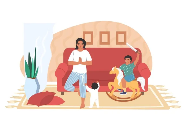 Mère méditant en position yoga, enfants coquins jouant dans la chambre, illustration vectorielle plate. Stress parental. — Image vectorielle