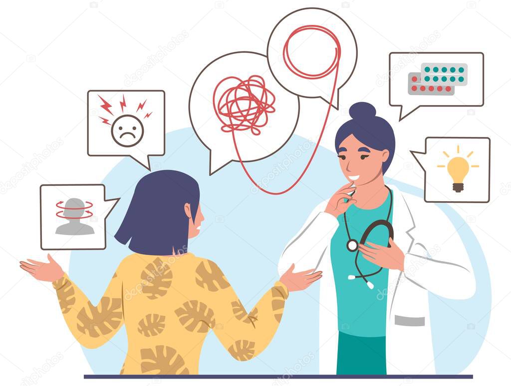 Doctor psychologist talking to patient, flat vector illustration. Psychotherapy, mental health, psychiatrist counseling.