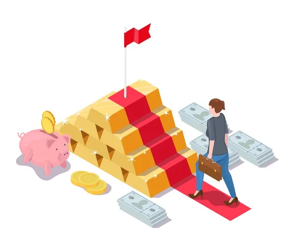 Επιχειρηματίας αναρρίχηση χρυσό ingot σκάλες με σημαία στην κορυφή, διανυσματική ισομετρική απεικόνιση. Οικονομική επιτυχία, επενδύσεις. — Διανυσματικό Αρχείο