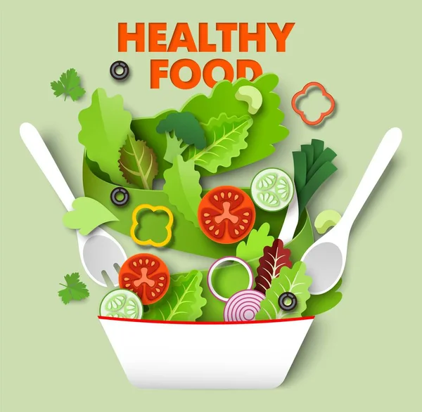 Frische Gemüsescheiben fallen in die Schüssel, Vektorpapier geschnitten Illustration. Gesunde Ernährung, vegetarische Kost. Salat kochen. — Stockvektor