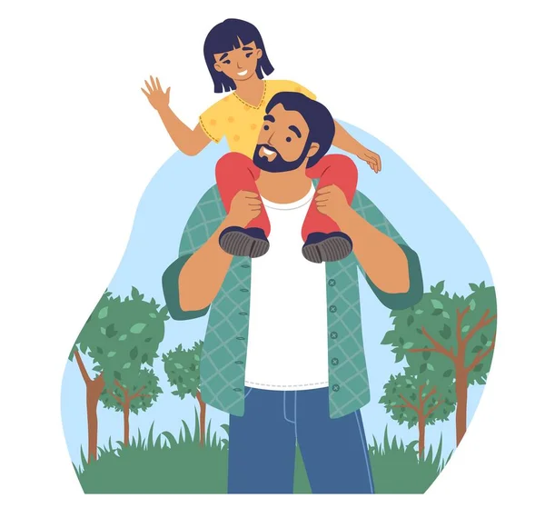Gelukkige vader loopt met dochter in het park, platte vector illustratie. Ouderlijke kind relatie. Vaderdagactiviteit. — Stockvector