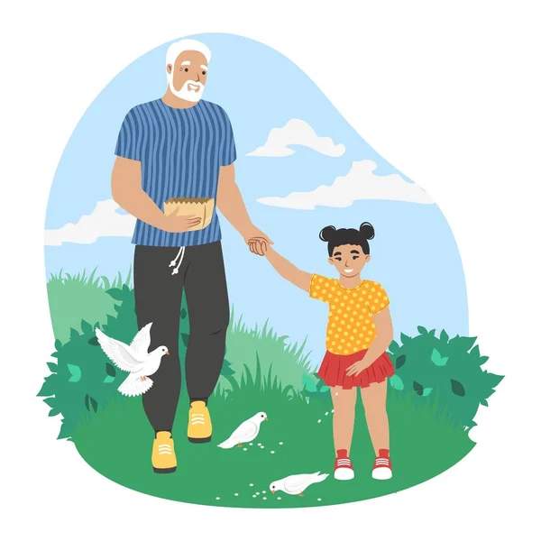 Nonno che cammina con nipote che nutre colombe nel parco, illustrazione vettoriale. Nonno relazioni nipotino. — Vettoriale Stock