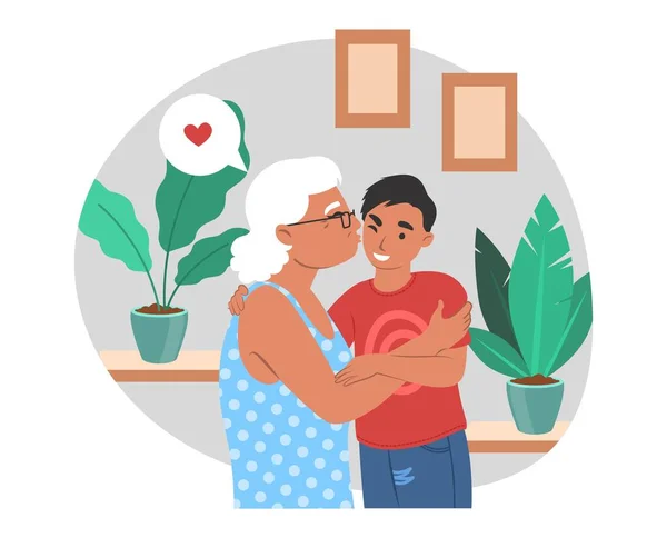 幸せな祖母の抱擁とキスの孫、フラットベクトルイラスト。祖父母孫関係 — ストックベクタ