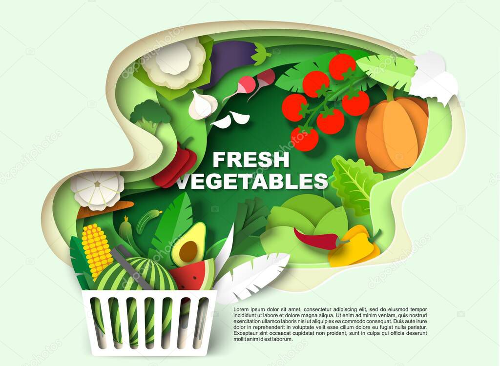 Supermarket shopping basket full of fresh vegetables and fruits, vector illustration in paper art style.