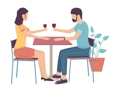 Aşık mutlu çift restoran masasında oturmuş şarap içiyor. Düz vektör çizimi. Romantik randevu.