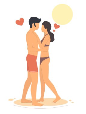 Kumsalda kucaklaşan mutlu çift. Romantik tatil, yaz tatili, balayı, vektör illüstrasyonu.