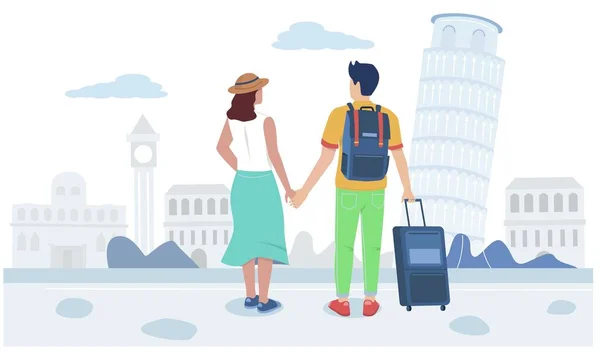 Пара путешественников с сумкой, держащимися за руки, вид сзади, векторная иллюстрация. Романтический отпуск, летние каникулы, мировое турне. — стоковый вектор