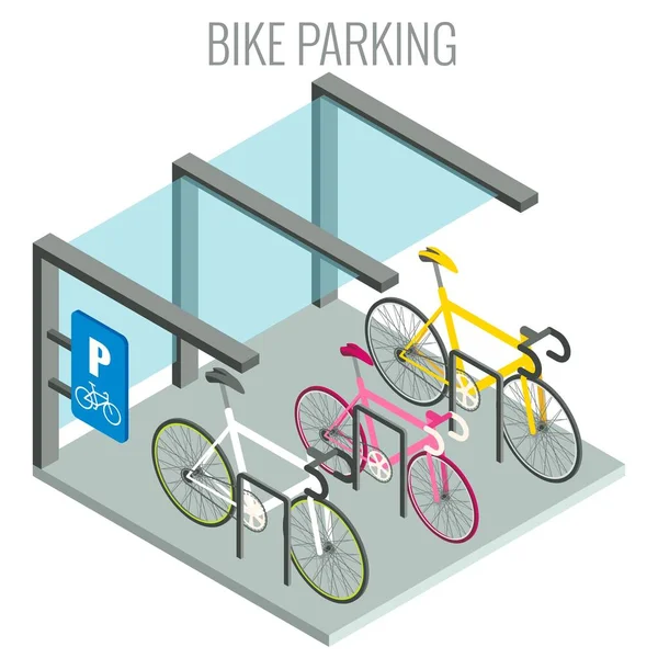 Cremalheiras e bicicletas públicas, ilustração isométrica vetorial. Conceito de estacionamento de bicicleta da cidade. —  Vetores de Stock